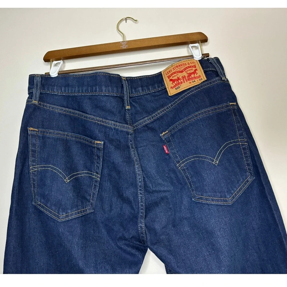 Levis 505‎ Regular Fit Straight Leg Dark Wash Jeans Mens 34x32 Blue Denim Pants
